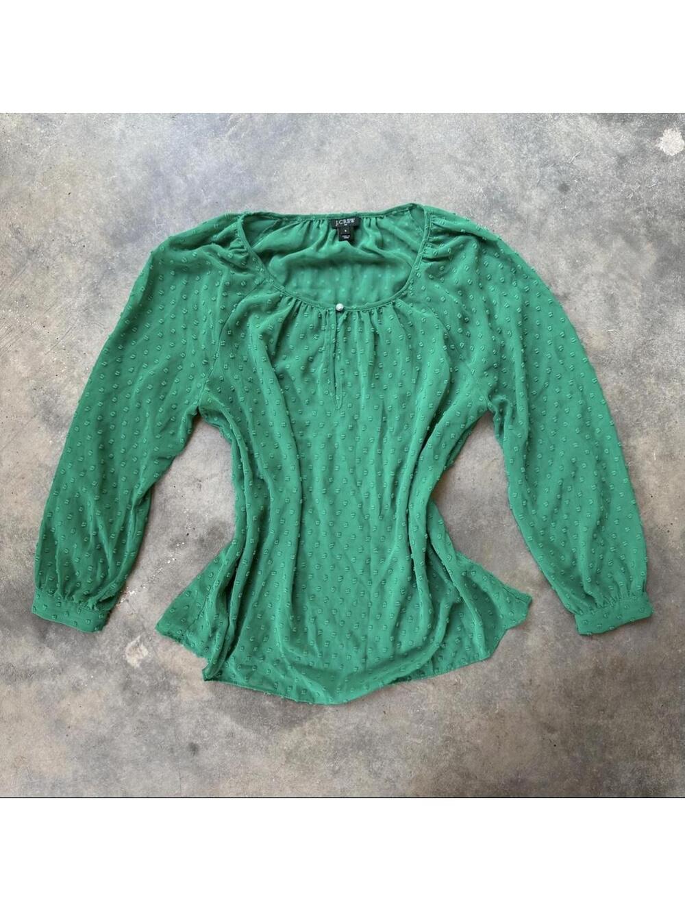 J.Crew Emerald Green Swiss Dot Peasant Blouse | Sheer Boho Long Sleeve Top